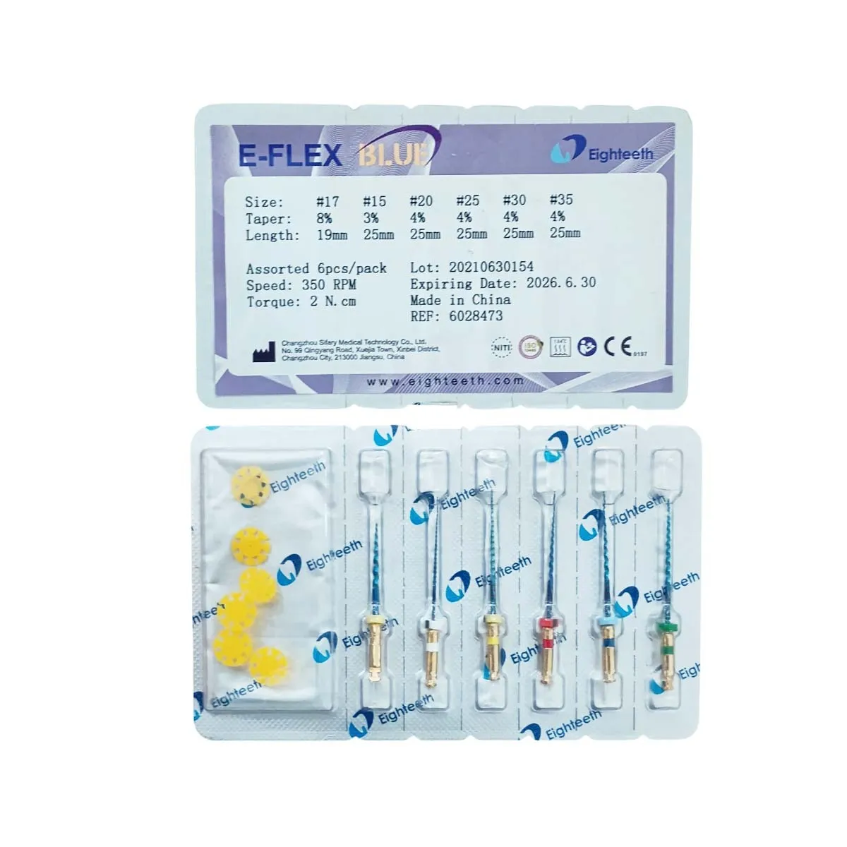 Eighteeth E - Flex Blue Ni-Ti Rotary Files 25mm Assorted - Pack of 6