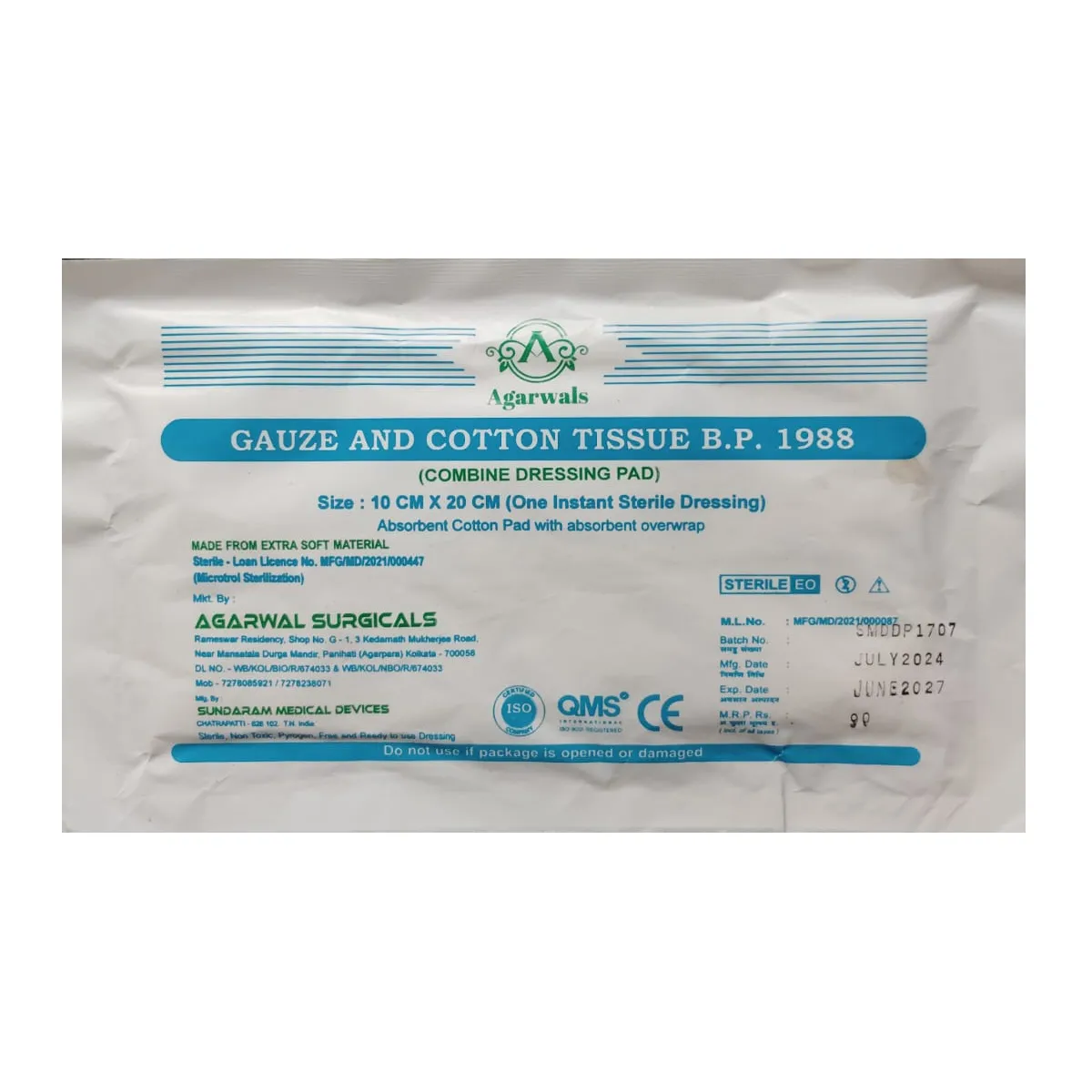 Agarwals Premium Sterile Combine Dressing Surgical Pads 10cm x 20cm