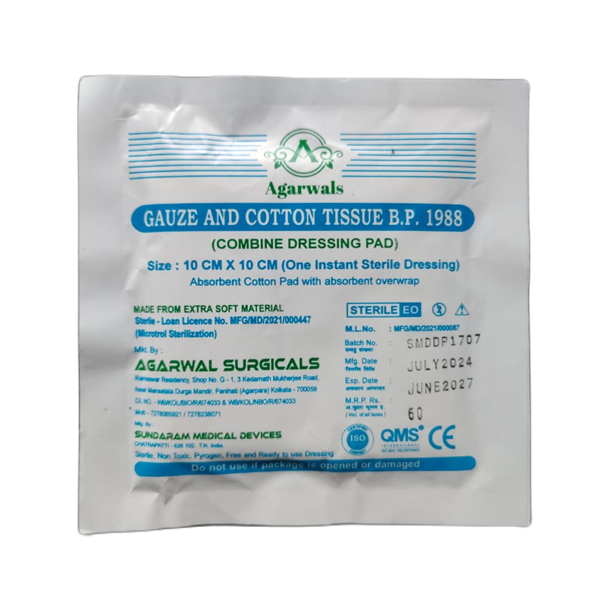 Agarwals Premium Sterile Combine Dressing Surgical Pad 10cm x 10cm (Pack of 20)