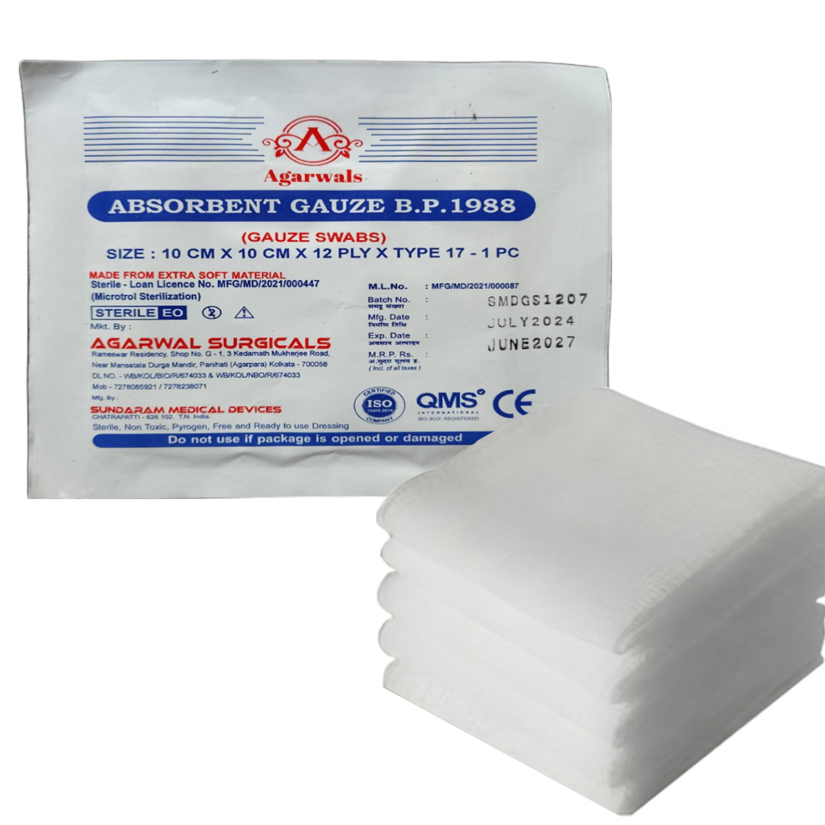 Agarwals Sterile Absorbent Gauze Swabs 10cm X 10cm X 12ply (1 pc/pack)