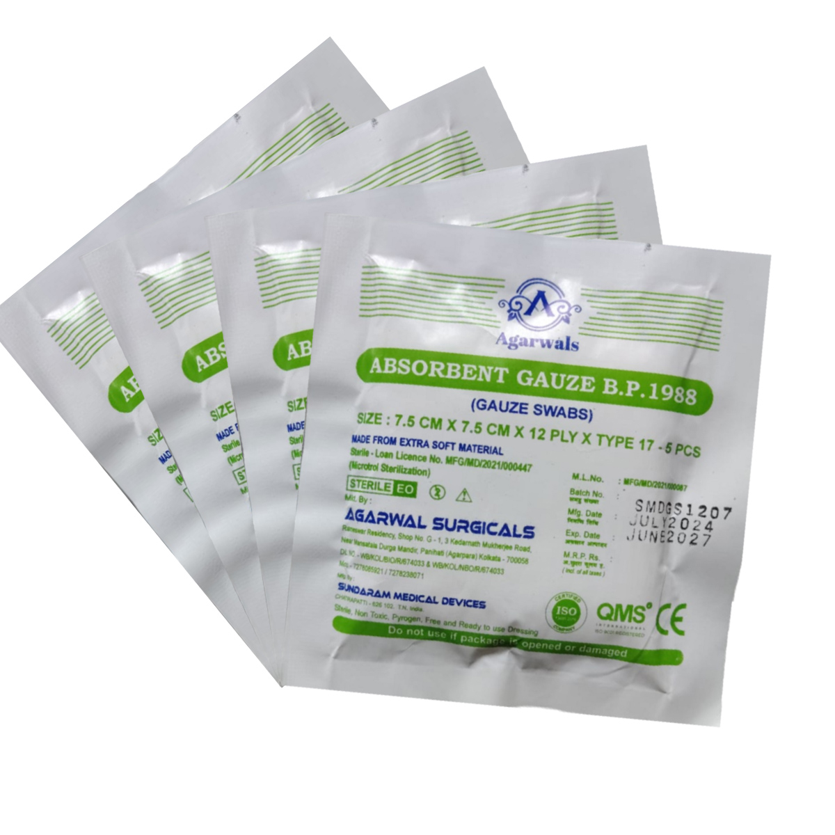 Agarwals Sterile Absorbent Gauze Swabs 7.5 cm X 7.5 cm X 12 ply (5 pcs/pack)