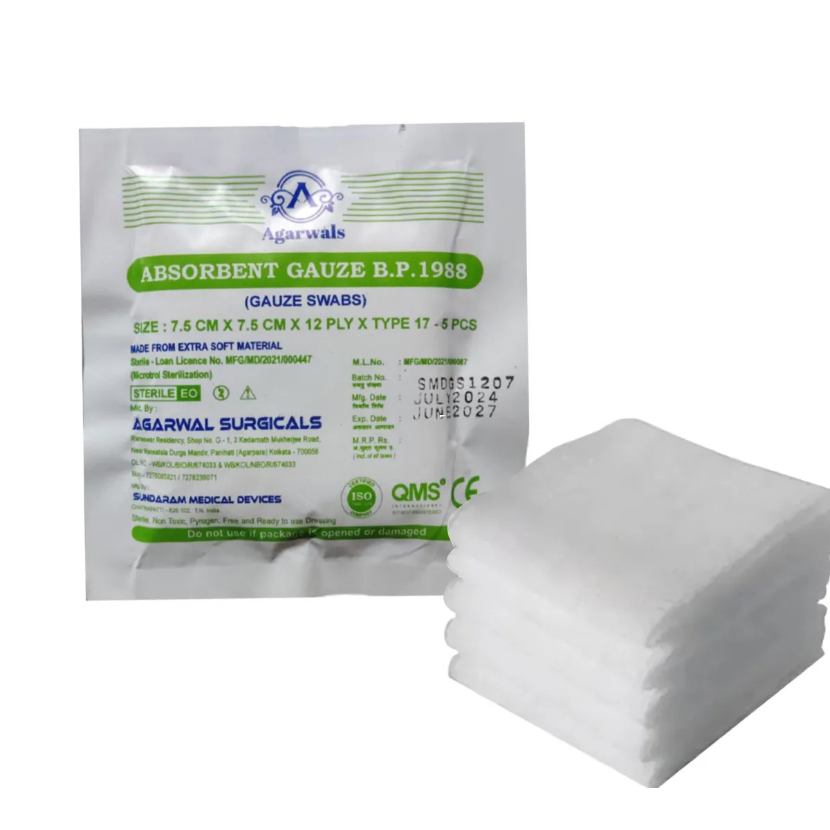 Agarwals Sterile Absorbent Gauze Swab 7.5 cm X 7.5 cm X 12 ply - Pack of 2 (5 pcs/pack)