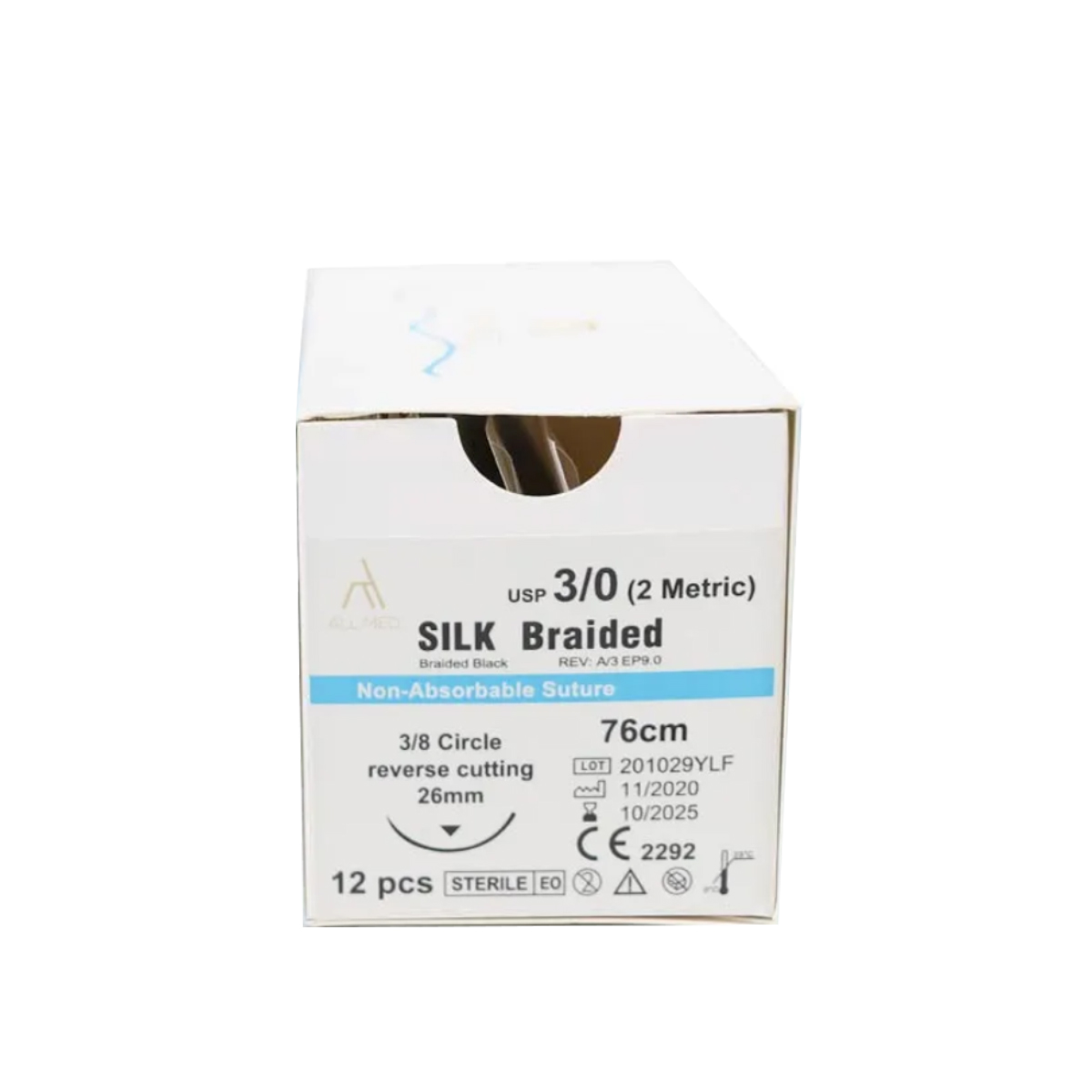 All Med Silk Braided 3-0 3/8 Circle Reverse Cutting Suture (Pack Of 12) - 26mm