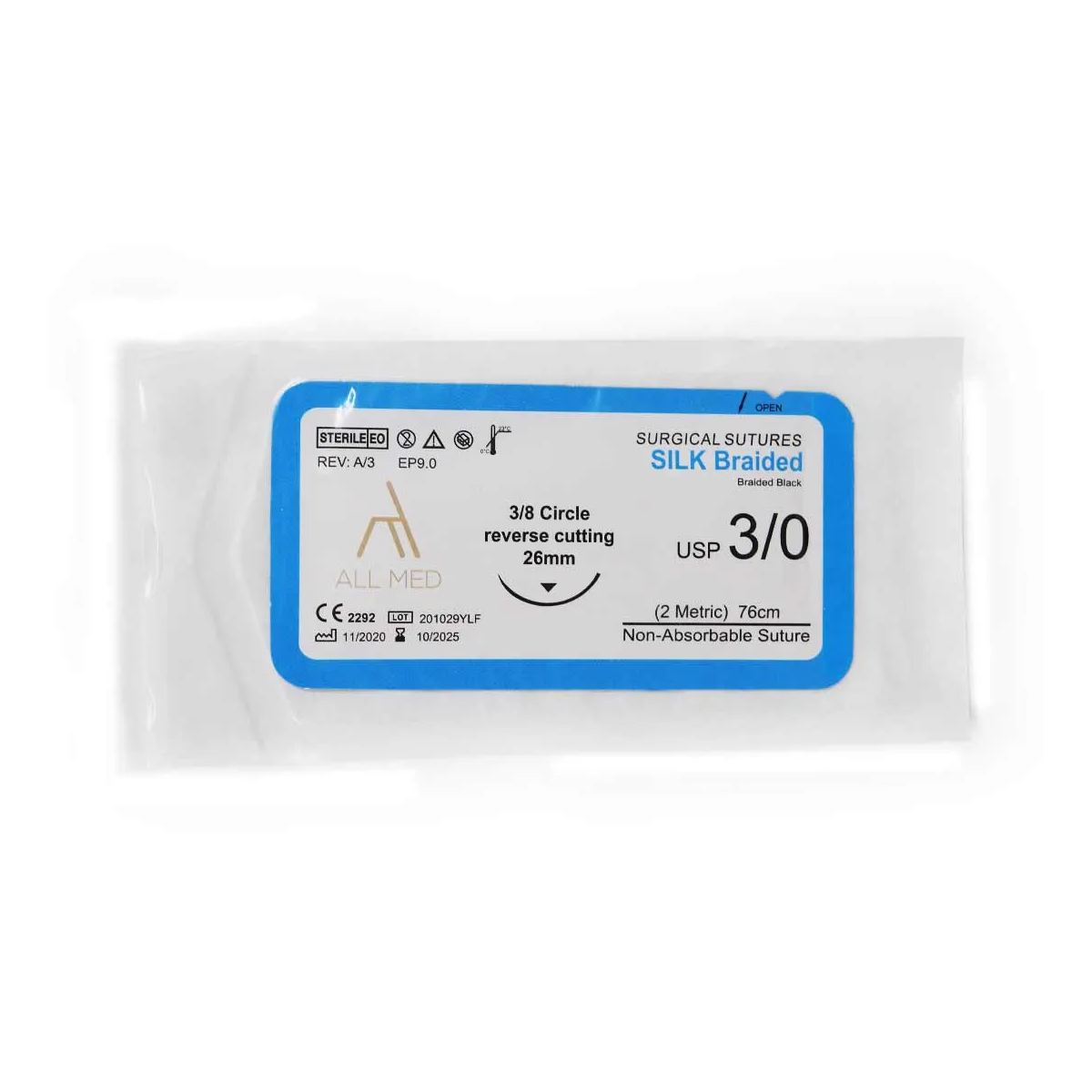 All Med Silk Braided 3-0 3/8 Circle Reverse Cutting Suture (Pack Of 12) - 26mm