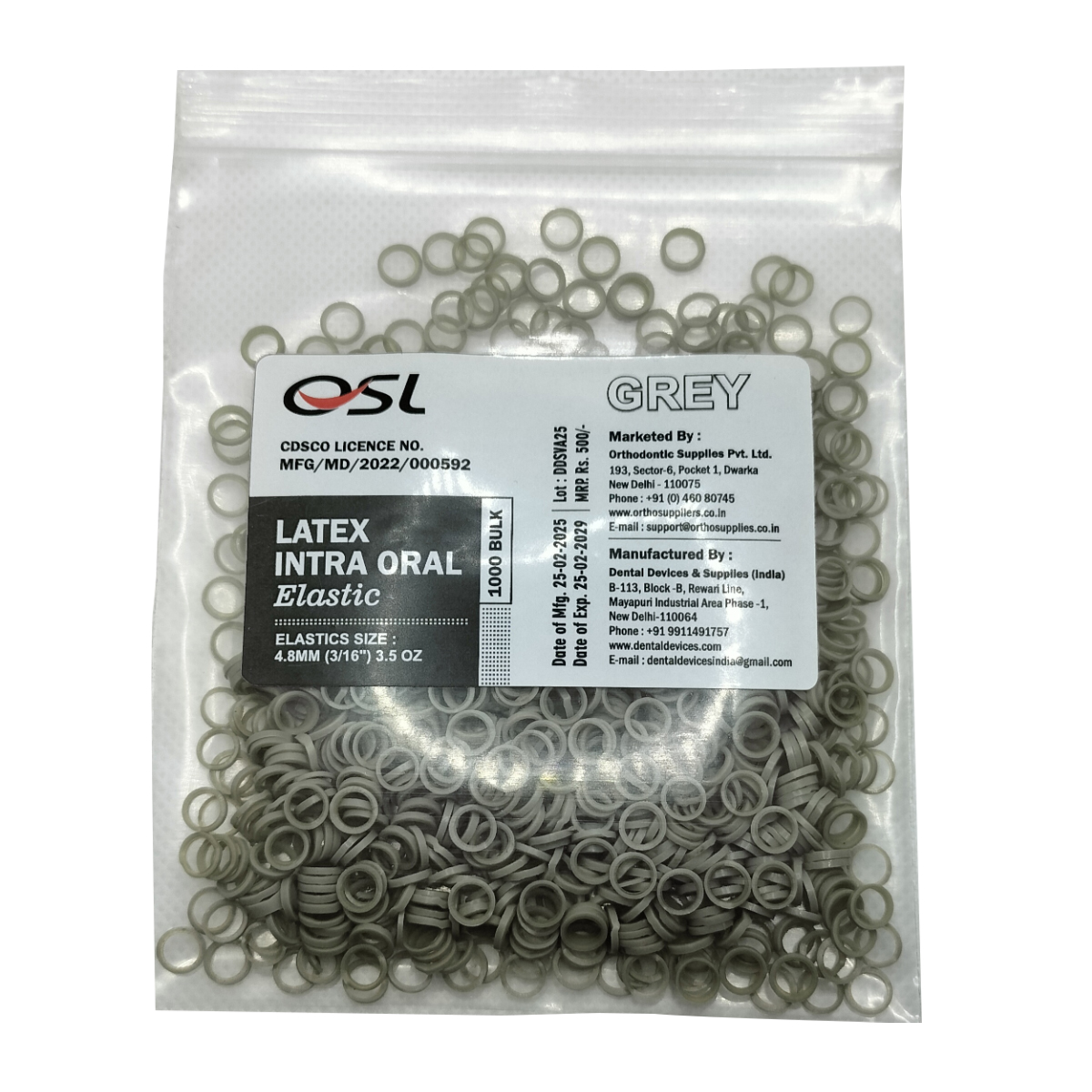 OSL Orthodontic Intraoral Elastic 3/16 - Grey (3.5 Oz)