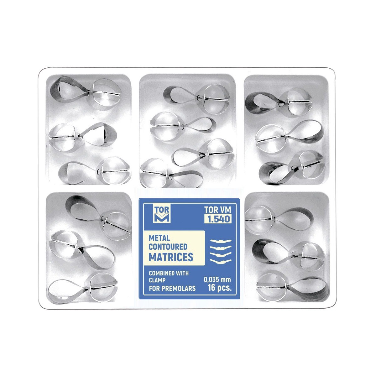 Tor Vm Contoured Metal Matrices Combined With Clamp For Premolars (16 pcs) No. 1.540