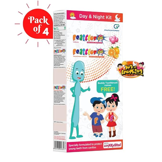 Group Pharma Pediflor Kidz Day & Night Kit With Buddy Toothbrush (Pack of 2)
