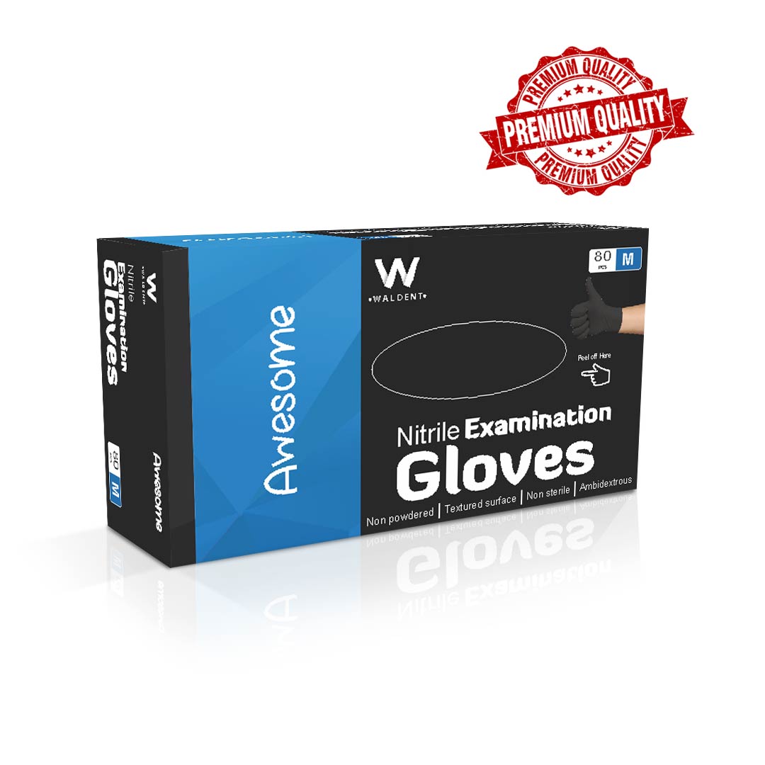 Waldent Nitrile Examination Gloves- Black (Medium) (Pack of 80)