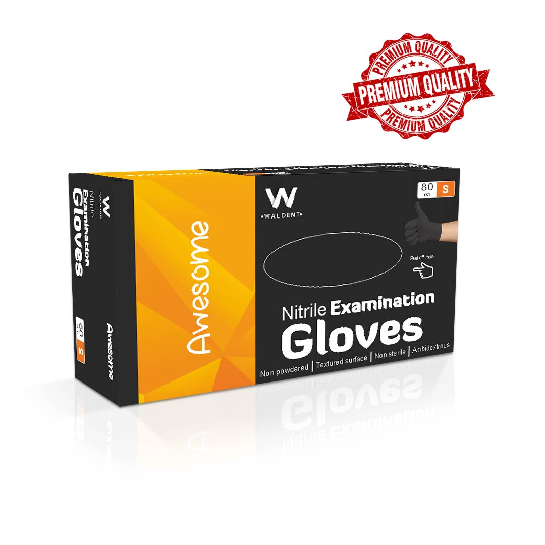 Waldent Nitrile Examination Gloves- Black (Small) (Pack of 80)