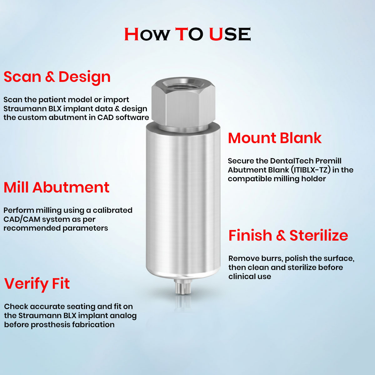 Dentaltech Straumann BLX Implant Compatible Premill Abutment Blank (ITIBLX - TZ)