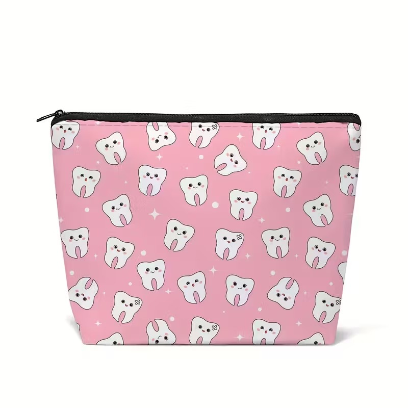 iDENTical Teeth Print Travel Pouch With Zipper - Pink    