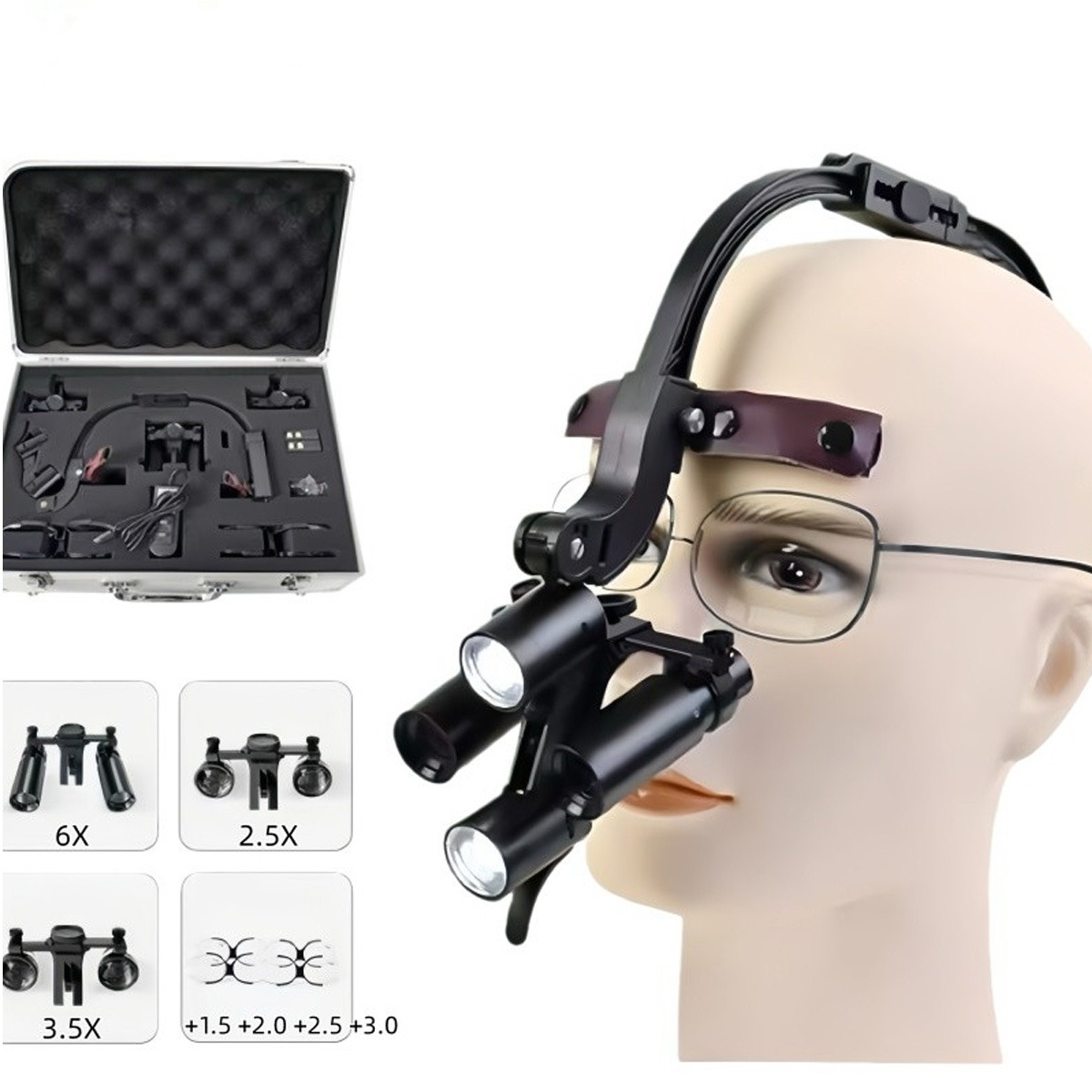 EndoKing Head-Mounted Interchangeable Surgical Loupes (2.5x, 3.5x, 6x) With LED and Magnifying Glasses (1.5x, 2x, 2.5x, 3x)