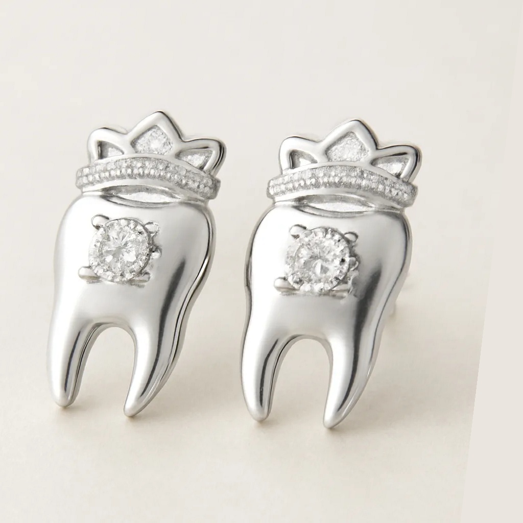 iDentical Silver Crown With Diamond Tooth Shape Earrings - Pack Of 1 (ZYR-4074)