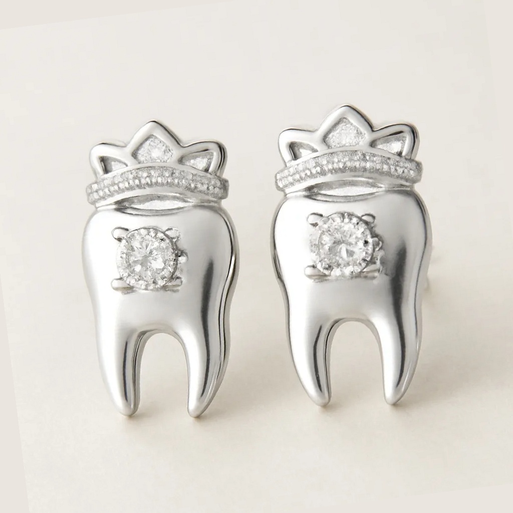 iDentical Silver Crown With Diamond Tooth Shape Earrings - Pack Of 1 (ZYR-4074)