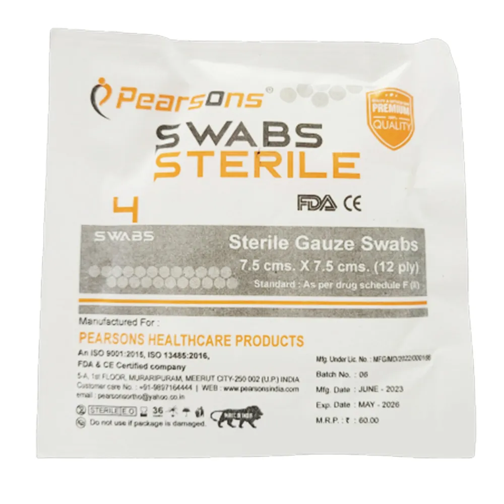 Pearsons Sterile Gauge Swabs 7.5cm x 7.5cm | 12Ply | Pack of 1| 4/Pk