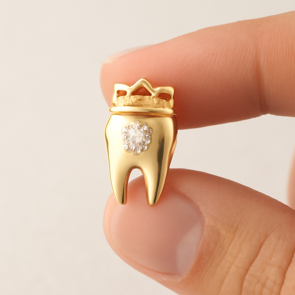 iDentical Golden Crown With Diamond Tooth Shape Earrings - Pack Of 1 (ZYR-4073)