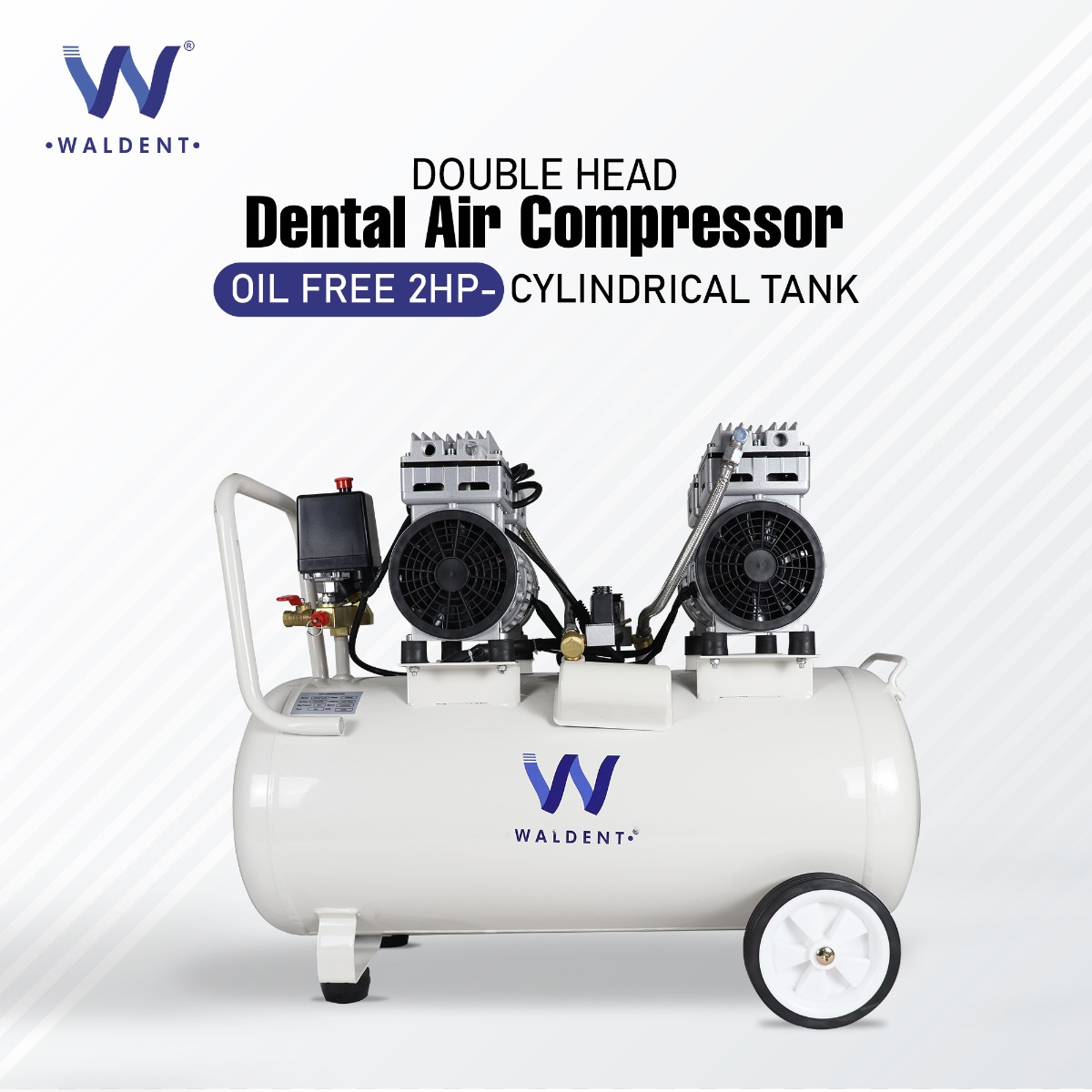 Waldent Double Head Dental Air Compressor Oil Free 2 Hp - Cylindrical Tank (WAC-200-DH-CT)