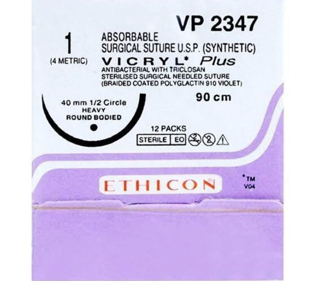Ethicon Vicryl Plus #1 Absorbable Violet Braided Suture2 - 90Cm (VP2347) Pack of 12