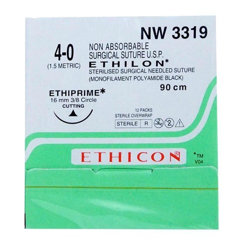 Ethicon Ethilon Sutures USP 4-0, 3/8 Circle Cutting Ethiprime-NW 3319 (Pack Of 12)