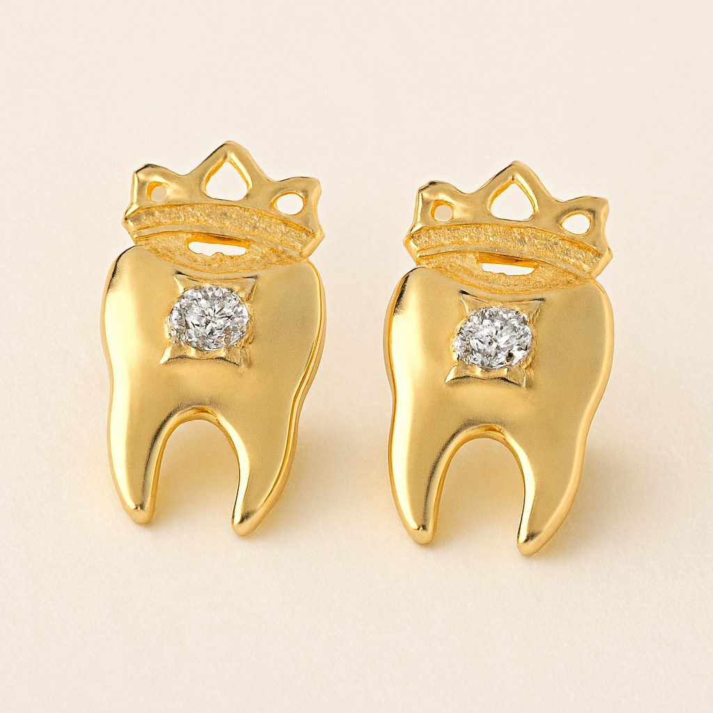 iDentical Golden Crown With Diamond Tooth Shape Earrings - Pack Of 1 (ZYR-4073)