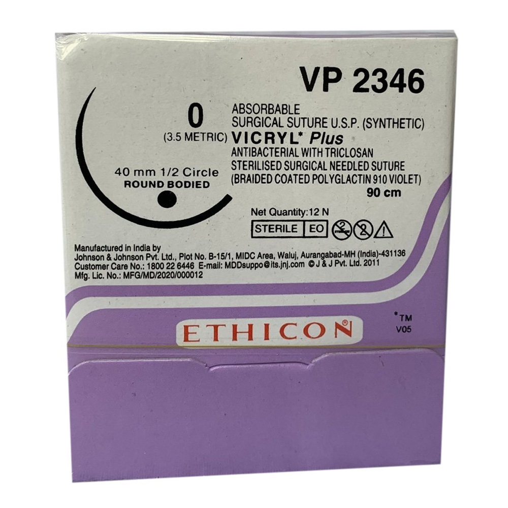 Ethicon Vicryl Plus #0 Absorbable Violet Braided Suture - 90Cm (VP2346) Pack Of 12