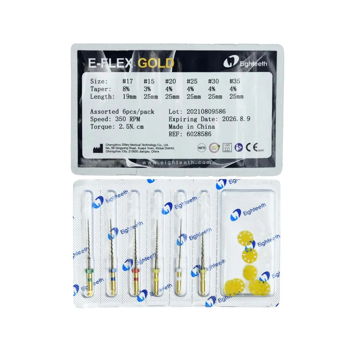 Eighteeth E - Flex Ni-Ti Gold Rotary Files 25mm Assorted - Pack of 6